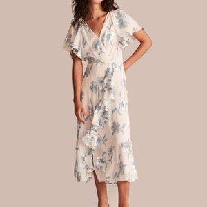 NEW Rebecca Taylor Women Met Fleur Silk Silver Floral Ruffle Flutter Midi Dress